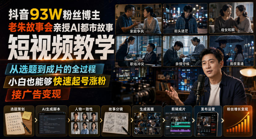 抖音93W粉丝博主老朱故事会亲授AI都市故事短视频教学，从选题到成片的全过程，小白也能够快速起号涨粉接广告变现