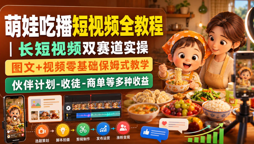 萌娃吃播短视频全教程｜长短视频双赛道实操，图文+视频零基础保姆式教学，伙伴计划-收徒-商单等多种变现方式