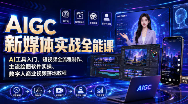 AIGC新媒体实战全能课｜AI工具入门、短视频全流程制作、主流绘图软件实操、数字人商业视频落地教程