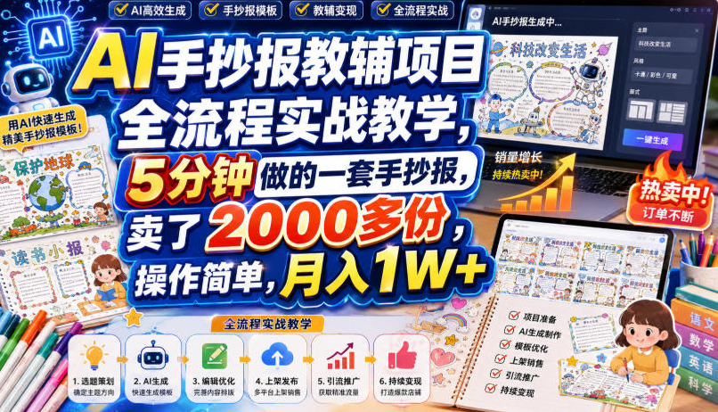 AI手抄报教辅项目全流程实战教学，5分钟做的一套手抄报，卖了2000多份，操作简单，月入1W+