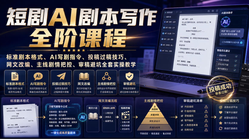 短剧AI剧本写作全阶课程｜标准剧本格式、AI写剧指令、投稿过稿技巧、网文改编、主线剧情把控、审稿避坑全套实操教学