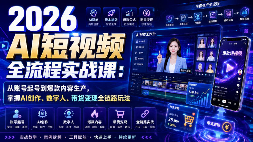 2026 AI短视频全流程实战课：从账号起号到爆款内容生产，掌握AI创作、数字人、带货变现全链路玩法