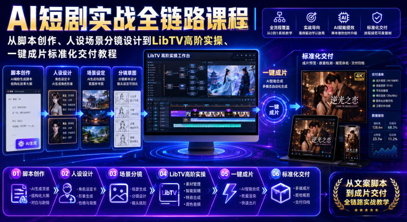 AI短剧实战全链路课程｜从脚本创作、人设场景分镜设计到LibTV高阶实操、一键成片标准化交付教程