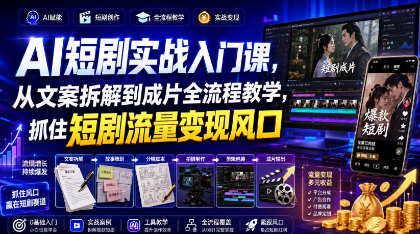 AI短剧实战入门课，从文案拆解到成片全流程教学，抓住短剧流量变现风口