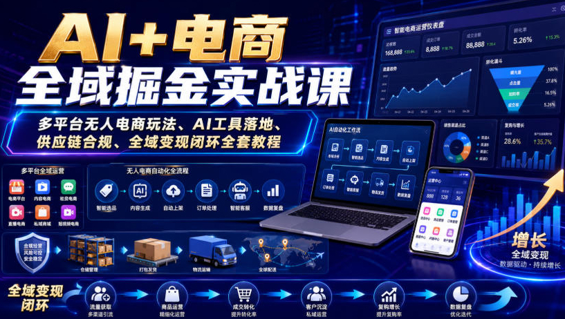 AI+电商全域掘金实战课｜多平台无人电商玩法、AI工具落地、供应链合规、全域变现闭环全套教程