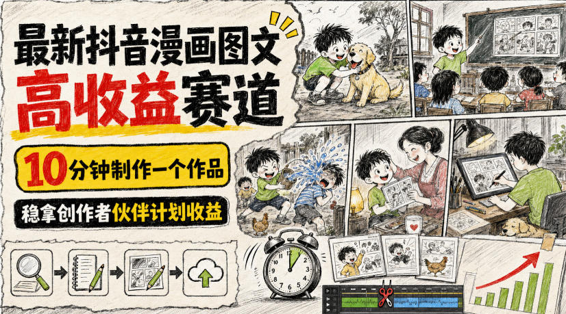 最新抖音漫画图文高收益赛道，10分钟制作一个作品，稳拿创作者伙伴计划收益