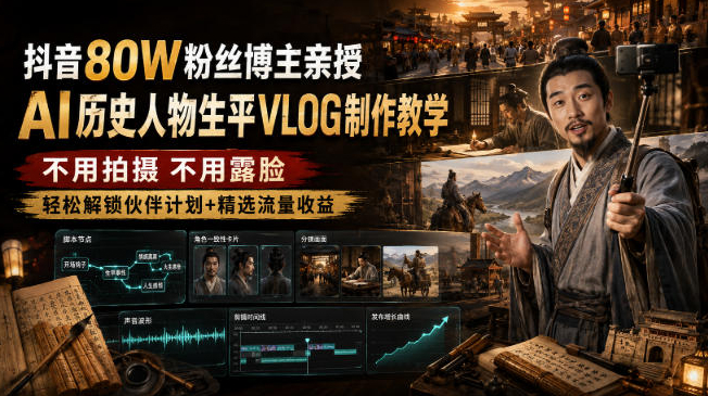抖音80W粉丝博主的AI历史人物生平VLOG教学，不用拍摄不用露脸，AI帮你搞定，轻松解锁伙伴计划+精选收益