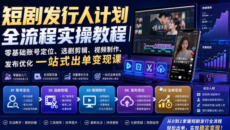 短剧发行人计划全流程实操教程｜零基础账号定位、选剧剪辑、视频制作、发布优化一站式出单变现课?