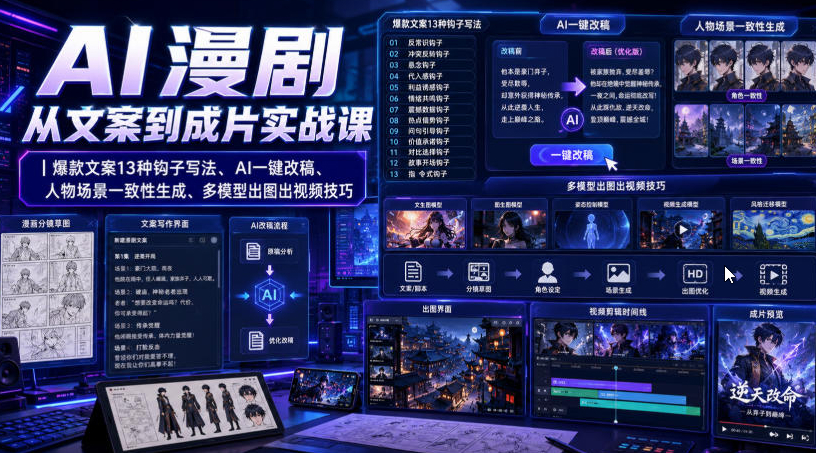 AI漫剧从文案到成片实战课｜爆款文案13种钩子写法、AI一键改稿、人物场景一致性生成、多模型出图出视频技巧