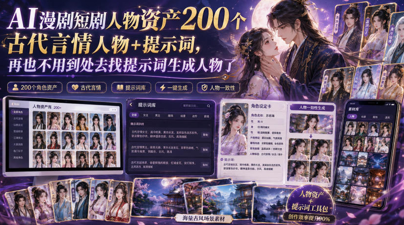 AI漫剧短剧人物资产200个古代言情人物+提示词，再也不用到处去找提示词生成人物了