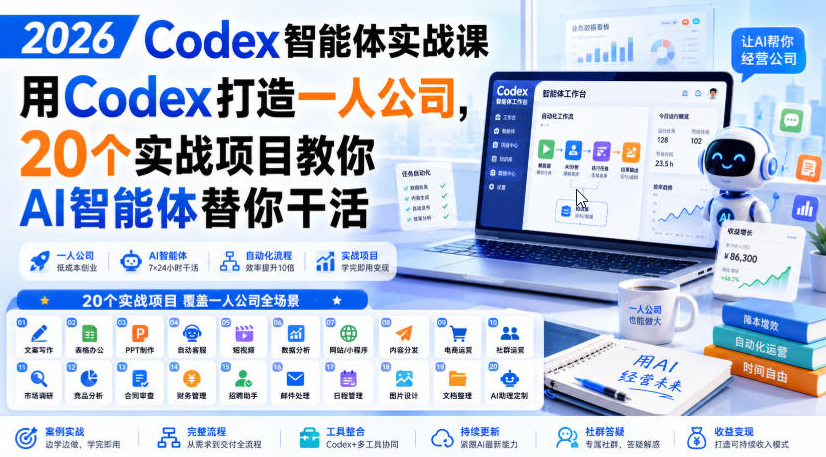 2026 Codex智能体实战课，用Codex打造一人公司，20个实战项目教你AI智能体替你干活