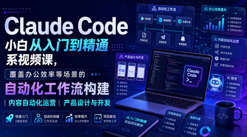 Claude Code小白从入门到精通系视频课，覆盖办公效率等场景的自动化工作流构建|内容自动化运营|产品设计与开发