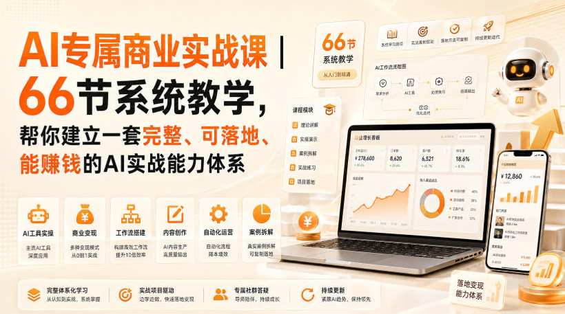 AI专属商业实战课｜66节系统教学，帮你建立一套完整、可落地、能賺钱的AI实战能力体系