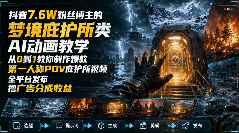 抖音7.6W粉丝博主的梦境庇护所类AI动画教学，从0到1教你制作爆款第一人称POV庇护所视频，全平台发布撸广告分成收益