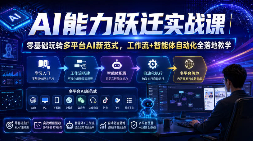 AI能力跃迁实战课｜零基础玩转多平台AI新范式，工作流+智能体自动化全落地教学