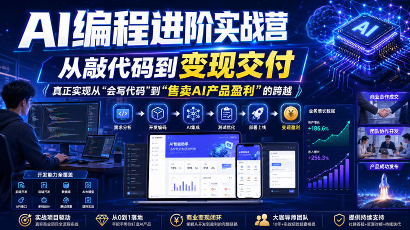 AI编程进阶实战营，从敲代码到变现交付，，真正实现从“会写代码”到“售卖AI产品盈利”的跨越