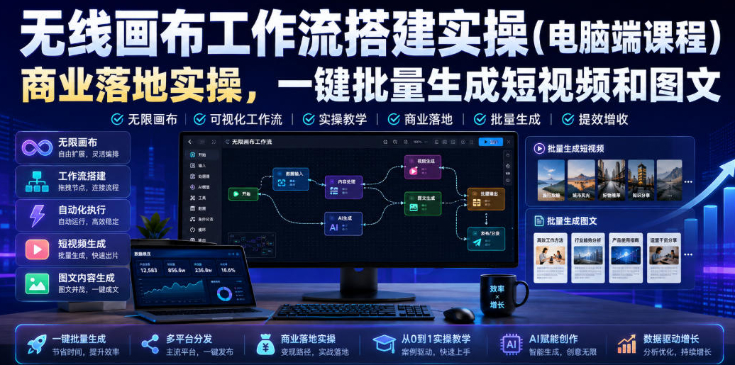 无线画布工作流搭建实操（电脑端课程），商业落地实操，一键批量生成短视频和图文