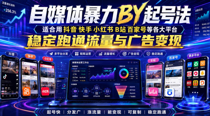 自媒体暴力搬运起号法，适合用抖音快手小红书B站百家号等各大平台，稳定跑通流量与广告变现