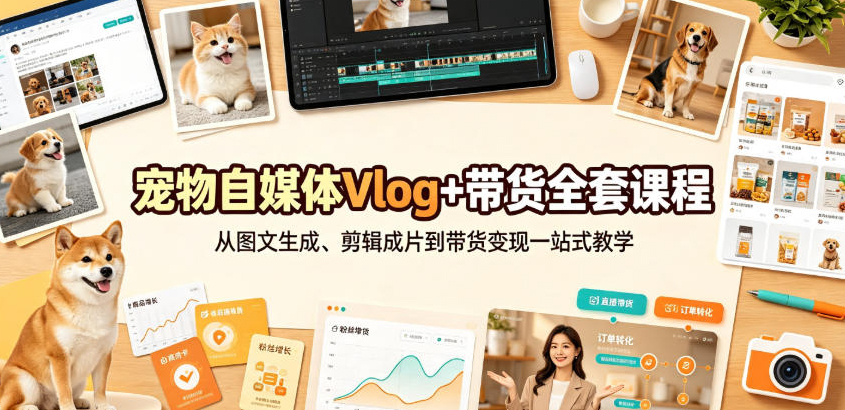 宠物自媒体Vlog+带货全套课程｜从图文生成、剪辑成片到带货变现一站式教学