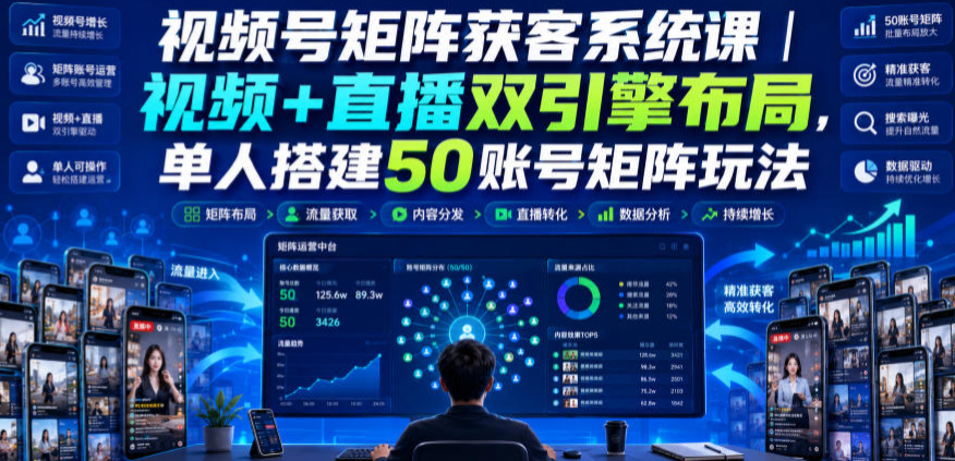 视频号矩阵获客系统课｜视频+直播双引擎布局，单人搭建50账号矩阵玩法，流量入池、搜索占位、全域引流沉淀私域全流程教学