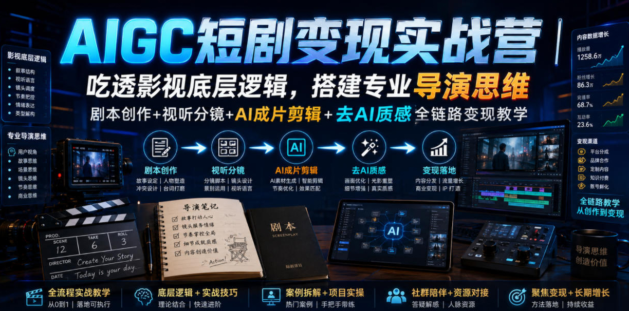 AIGC短剧变现实战营｜吃透影视底层逻辑，搭建专业导演思维，剧本创作+视听分镜+AI成片剪辑+去AI质感全链路变现教学