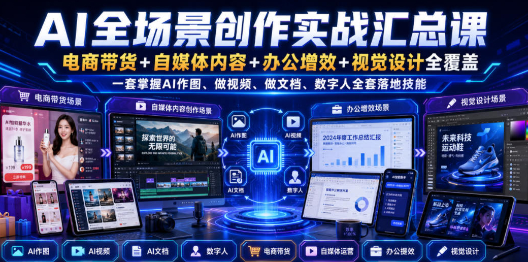 AI全场景创作实战汇总课｜电商带货+自媒体内容+办公增效+视觉设计全覆盖，一套掌握AI作图、做视频、做文档、数字人全套落地技能
