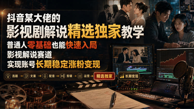 抖音某大佬的影视剧解说精选独家教学，普通人零基础也能快速入局影视解说赛道，实现账号长期稳定变现