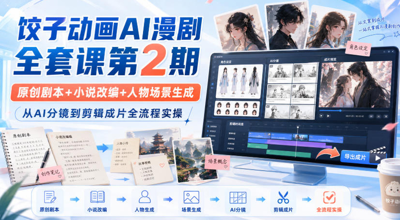 饺子动画AI漫剧全套课第2期：原创剧本+小说改编+人物场景生成，从AI分镜到剪辑成片全流程实操