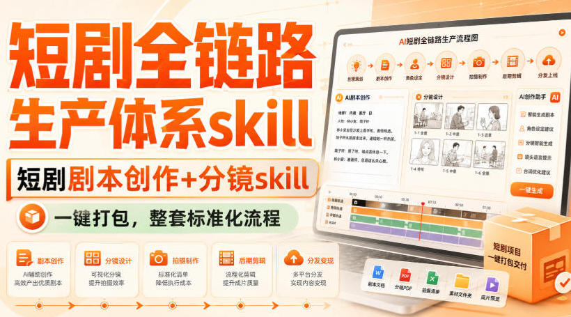 短剧全链路生产体系skill，短剧剧本创作+分镜skill，一键打包，整套标准化流程