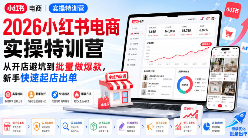 2026小红书电商实操特训营，从开店避坑到批量做爆款，新手快速起店出单