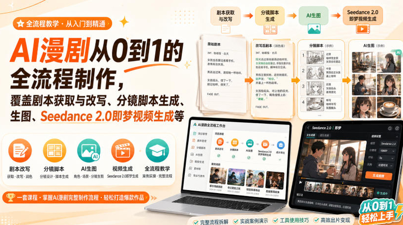 AI漫剧从0到1的全流程制作，覆盖剧本获取与改写、分镜脚本生成、角色场景生图与三视图、Seedance 2.0即梦视频生成（PDF版）