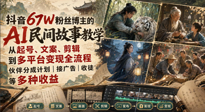抖音67W粉丝博主的AI民间故事教学，从起号、文案、剪辑到多平台变现全流程，伙伴分成计划接广告等多种收益，月入1W+