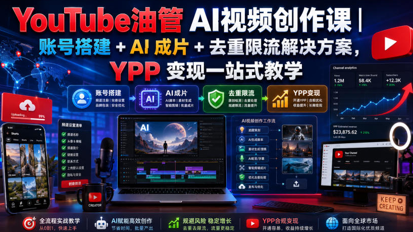YouTube油管AI视频创作课｜账号搭建+AI成片+去重限流解决方案，YPP变现一站式教学（更新0817）