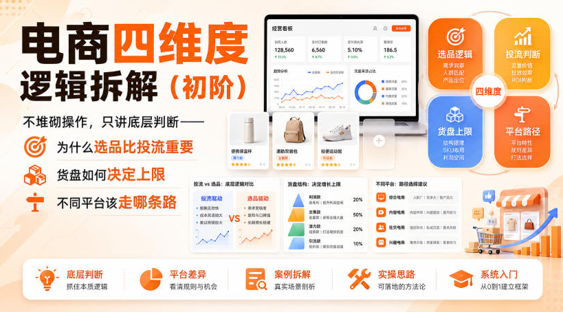 电商四维度逻辑拆解（初阶）不堆砌操作，只讲底层判断——为什么选品比投流重要、货盘如何决定上限、不同平台该走哪条路