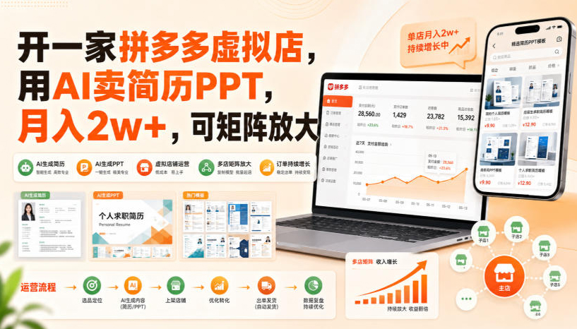 开一家拼多多虚拟店，用AI卖简历PPT，月入2w+，可矩阵放大【揭秘】