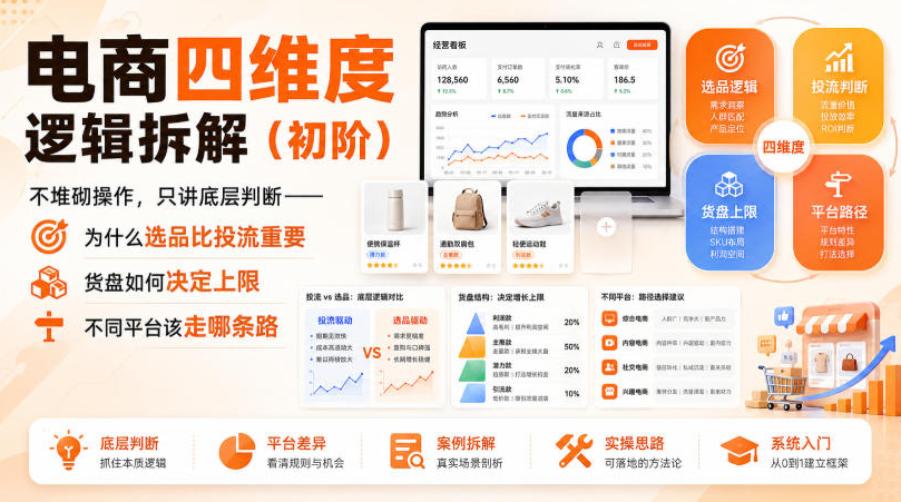 电商四维度逻辑拆解（初阶）不堆砌操作，只讲底层判断——为什么选品比投流重要、货盘如何决定上限、不同平台该走哪条路