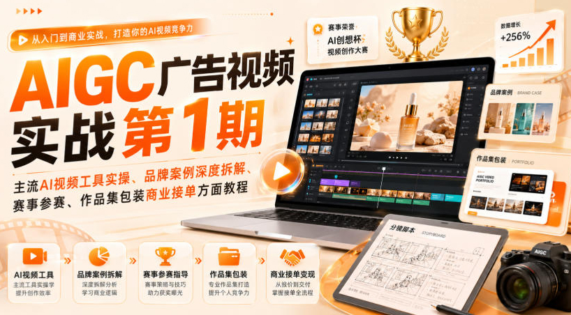 AIGC广告视频实战第1期，主流AI视频工具实操、品牌案例深度拆解、赛事参赛、作品集包装商业接单方面教程
