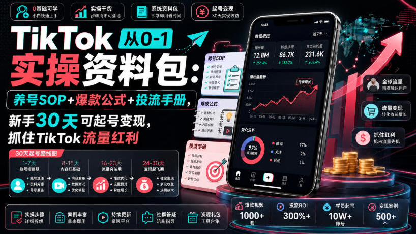 TikTok从0-1实操资料包：养号SOP+爆款公式+投流手册，新手30天可起号变现，抓住TikTok流量红利