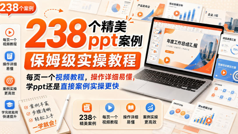 238个精美ppt案例保姆级实操教程，每页一个视频教程，操作详细易懂，学ppt还是直接案例实操更快