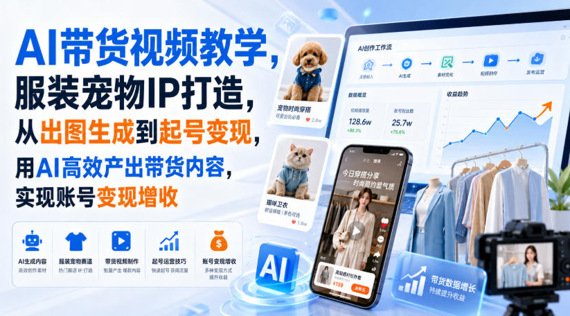 AI带货视频教学，服装宠物IP打造，从出图生成到起号变现，用AI高效产出带货内容，实现账号变现增收