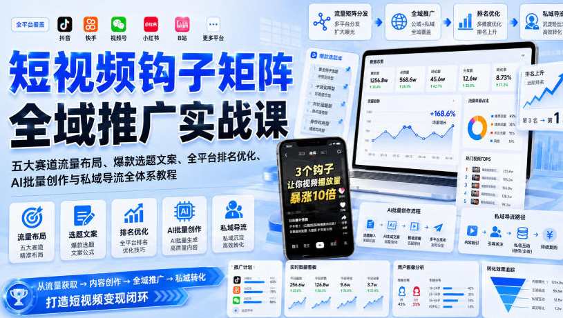 短视频钩子矩阵全域推广实战课｜五大赛道流量布局、爆款选题文案、全平台排名优化、AI批量创作与私域导流全体系教程