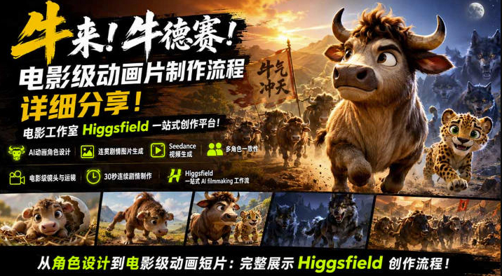 牛来！牛德赛！电影级动画片制作流程详细分享！电影工作室Higgsfield一站式创作平台，完整创作流程