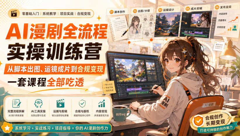 AI漫剧全流程实操训练营，从脚本出图、运镜成片到合规变现，一套课程全部吃透