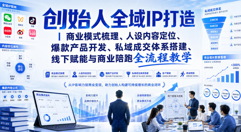 创始人全域IP打造｜商业模式梳理、人设内容定位、爆款产品开发、私域成交体系搭建、线下赋能与商业陪跑全流程教学
