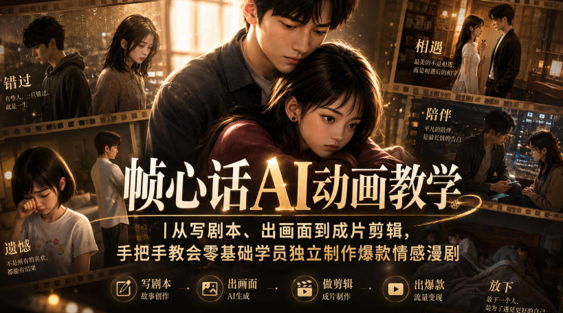 帧心话AI动画教学｜从写剧本、出画面到成片剪辑，手把手教会零基础学员独立制作爆款情感漫剧