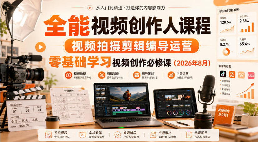 全能视频创作人课程，视频拍摄剪辑编导运营，零基础学习视频创作必修课（2026年8月）