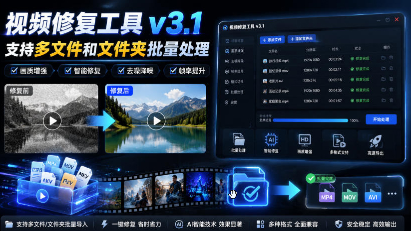视频修复工具v3.1，支持多文件和文件夹批量处理