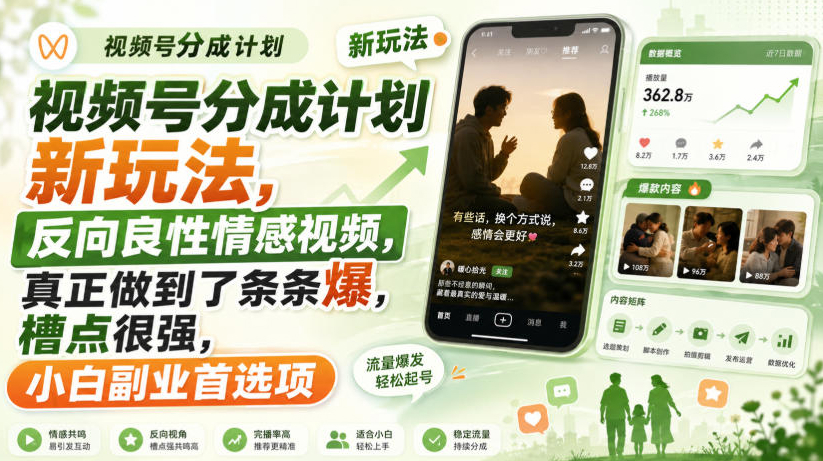 视频号分成计划新玩法，反向良性情感视频，真正做到了条条爆，槽点很强，小白副业首选项