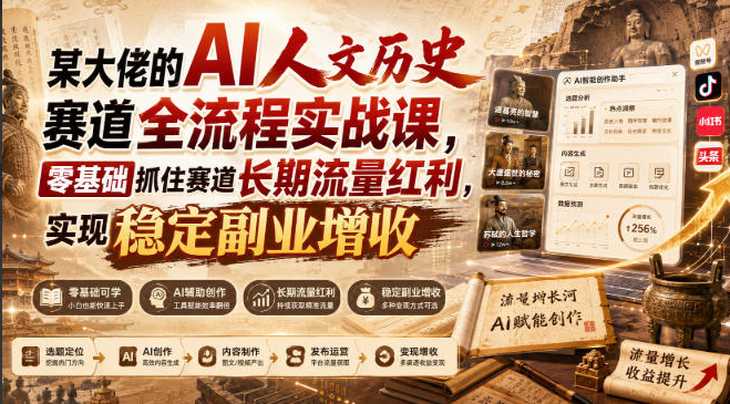 某大佬的AI人文历史赛道全流程实战课，零基础抓住赛道长期流量红利，实现稳定副业增收