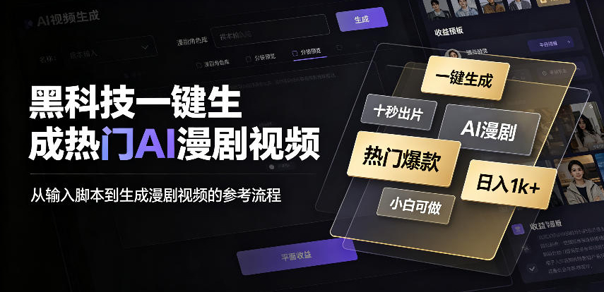 黑科技一键生成热门AI漫剧视频，十秒钟即可搞定，小白也能日入1k+【揭秘】